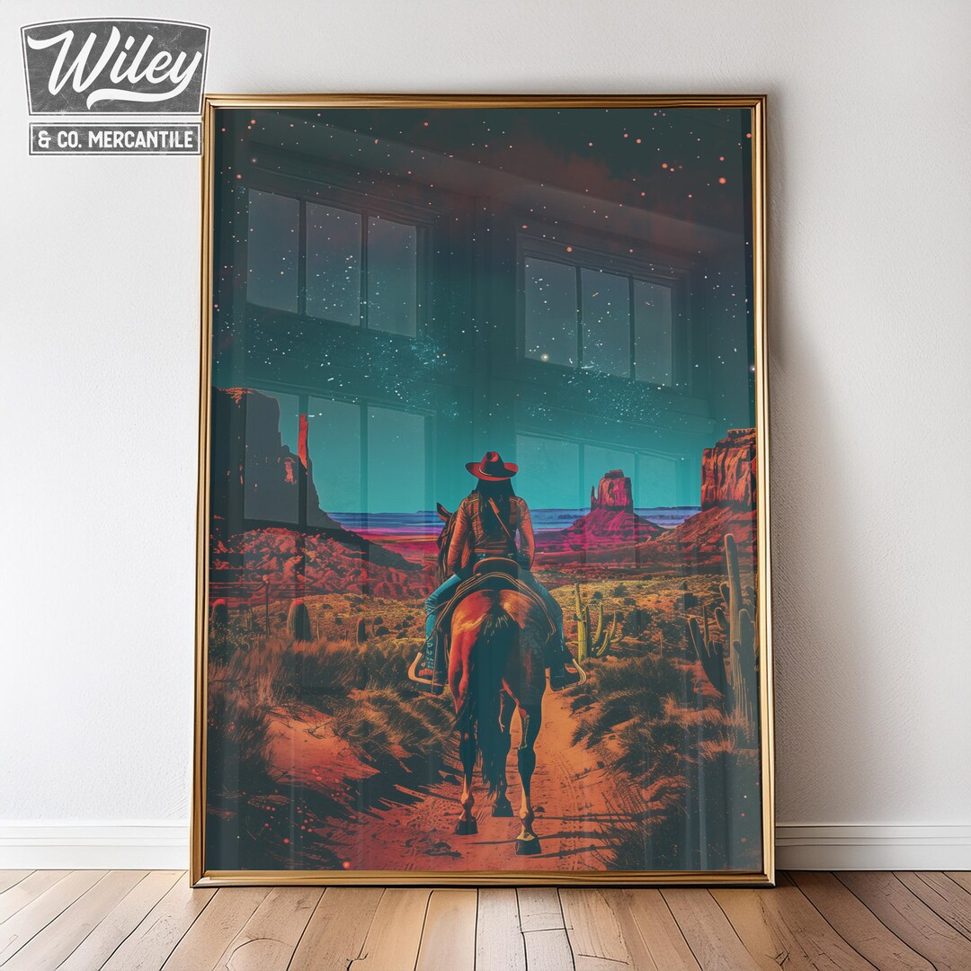 Retro Cowgirl Riding Horse Art Print | Cosmic Cowgirl Wall Art, Vintage ...