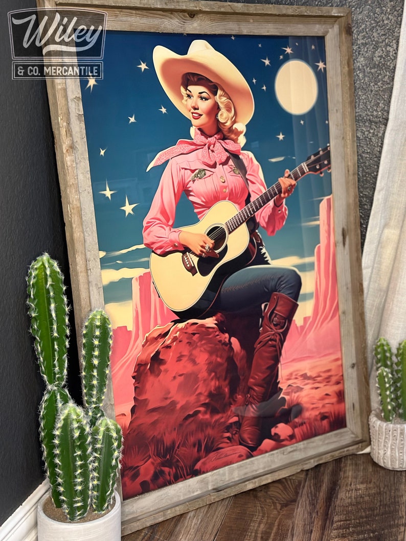Cosmic Cowgirl Playing Guitar Art Print | Retro Space Cowgirl Wall Art ...