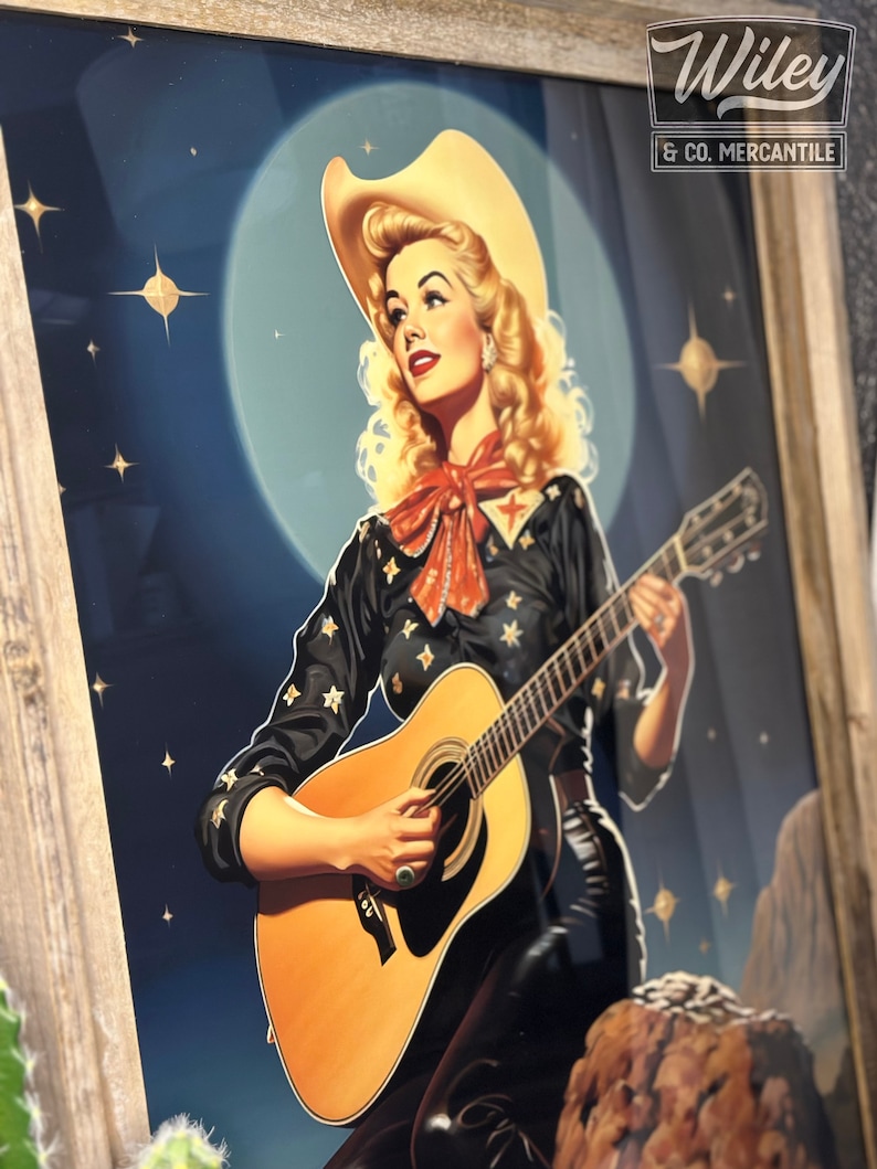 Cosmic Cowgirl Playing Guitar Art Print Retro Space Cowgirl Wall Art ...