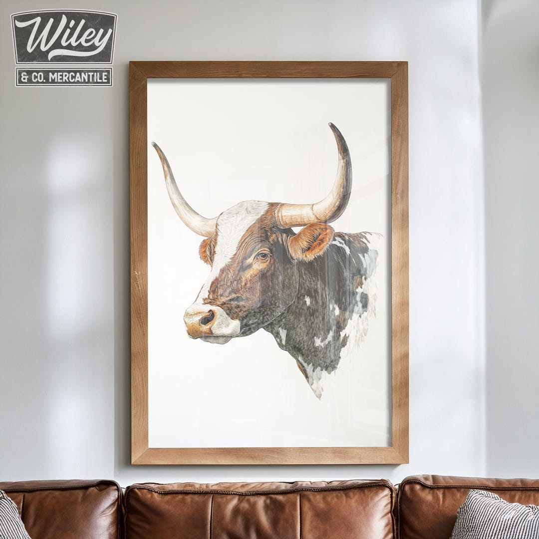 Rustic Bull Wall Art Print, Longhorn Cow Wall Decor, Western Farmhouse ...