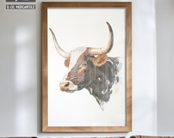Rustic Bull Wall Art Print, Longhorn Cow Wall Decor, Western Farmhouse Animal Print, Minimalist Cattle Artwork, Country Ranch Home Decor