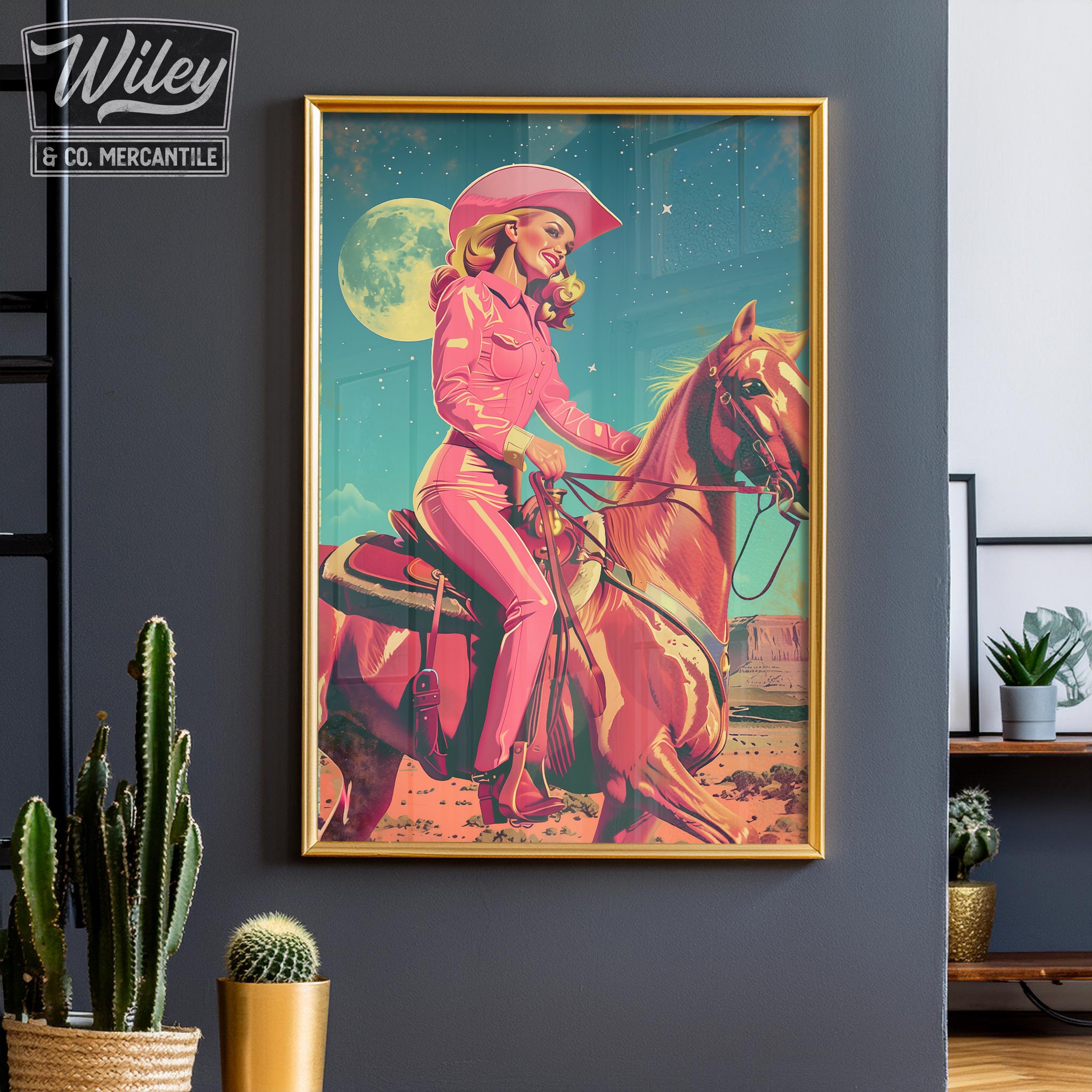 retro cowgirl art prints - set of 3 - digital download... Pink Retro Cowgirl Riding Horse Art Print | Cosmic Space Cowgirl Wall ...