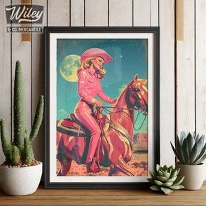 retro cowgirl art prints - set of 3 - digital download... Pink Retro Cowgirl Riding Horse Art Print | Cosmic Space Cowgirl Wall ...