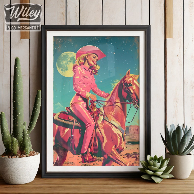 Pink Retro Cowgirl Riding Horse Art Print | Cosmic Space Cowgirl Wall ...