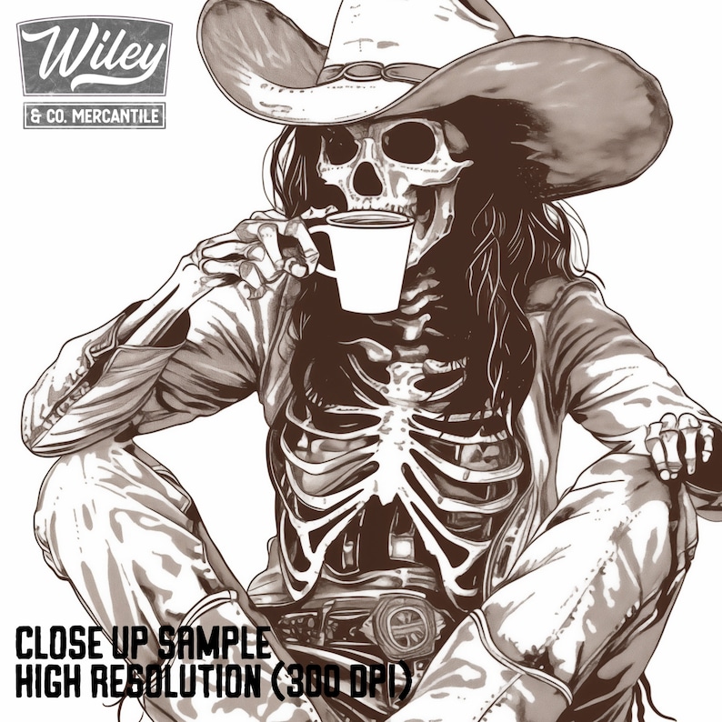 May include: A skeleton wearing a cowboy hat and a leather jacket sits with legs crossed, holding a white coffee mug. The skeleton has long, dark hair and is wearing a belt with a buckle. The background is white.