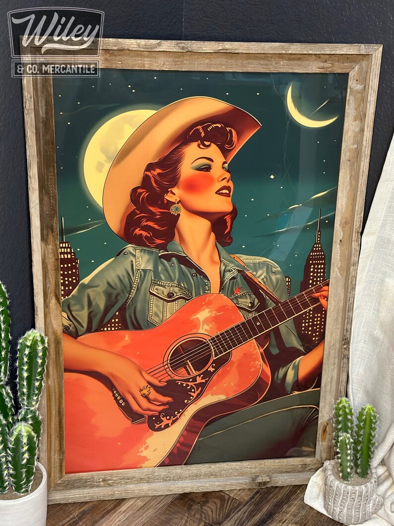 Cosmic Cowgirl Playing Guitar Art Print | Retro Space Cowgirl Wall Art ...