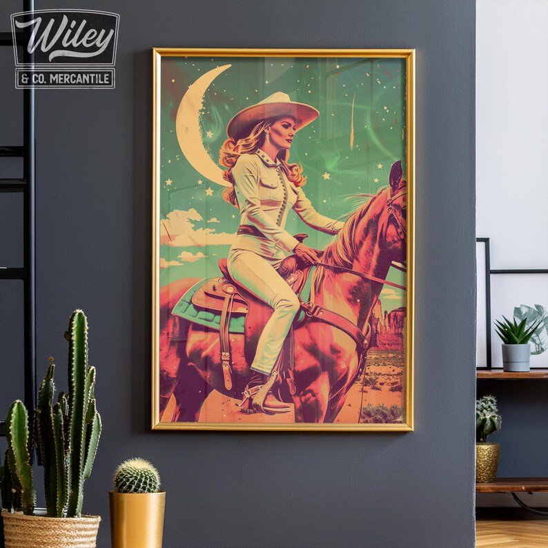 Retro Cowgirl Wearing All White Riding Horse Art Print | Cosmic ...
