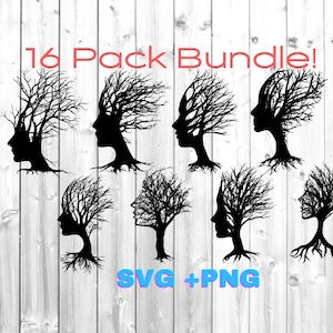 May include: A digital download of 16 black and white SVG and PNG files featuring a silhouette of a tree with a human face inside the branches. The text "16 Pack Bundle!" is at the top of the image and the text "SVG + PNG" is at the bottom of the image.