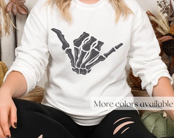 Sweter Shaka Hang Loose Skeleton, słodka koszulka na Halloween, bluza z dresem Skeleton Hand, znak Hang Loose, koszulka Skeleton Shaka, estetyczny top Surf
