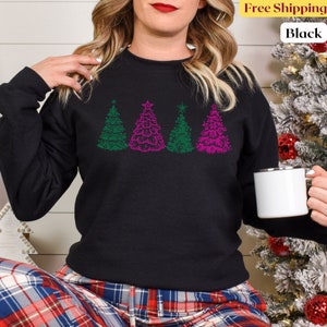 Bluza z motywem choinki, modny damski sweter świąteczny, sweter na sezon świąteczny, zimowy sweter damski, szmaragdowo zielony estetyczny świąteczny