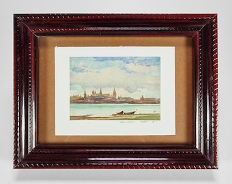 Vista de la ciudad de Tallin al otro lado del agua, Estonia. Acuarela pequeña, vintage, obra de arte firmada.
