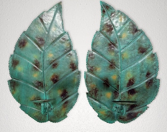 Pair of Large Metal Leaf Candle Stands Sconces Hand Hammered Vintage Wall Nature Home Decor Verdigris
