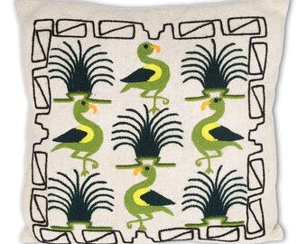 Peruvian Crewel Hand Embroidered Pillow Wool Bird Decorative Vintage 16 x 15