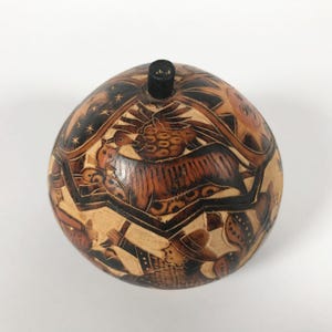 Peruvian Carved Lidded Gourd Bowl Small Folk Art Animals Sun Moon Farm Scenes