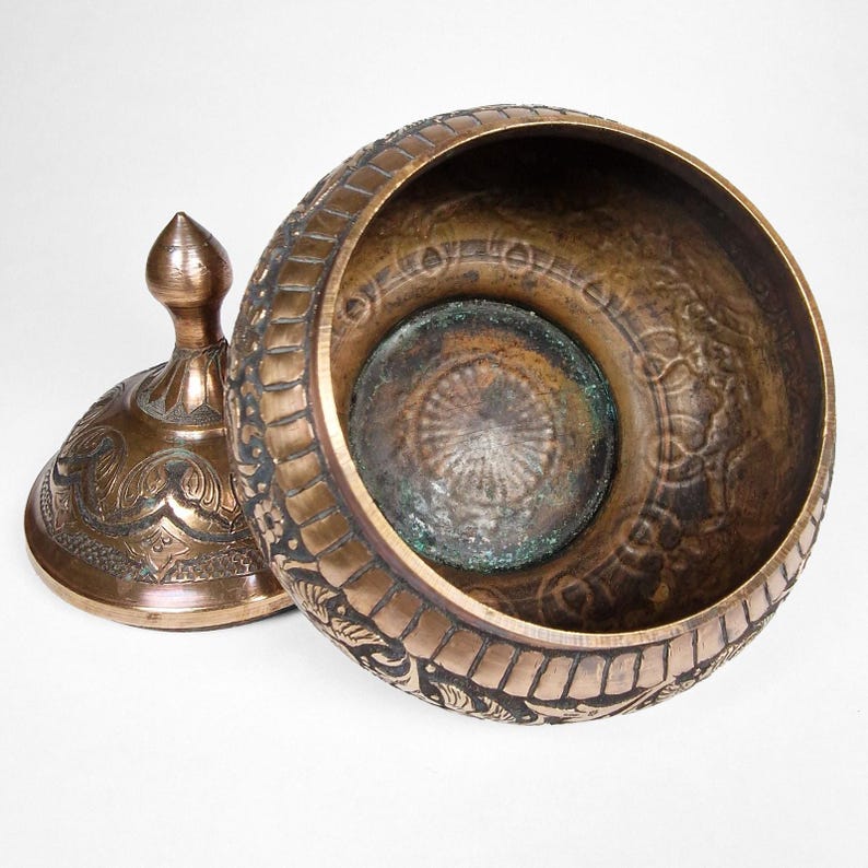 Persian Ghalam Zani Copper Lidded Candy Dish Bowl Featuring Birds Hand Chased image 4