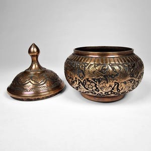 Persian Ghalam Zani Copper Lidded Candy Dish Bowl Featuring Birds Hand Chased image 5
