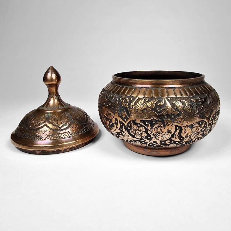 Persian Ghalam Zani Copper Lidded Candy Dish Bowl Featuring Birds Hand Chased image 5
