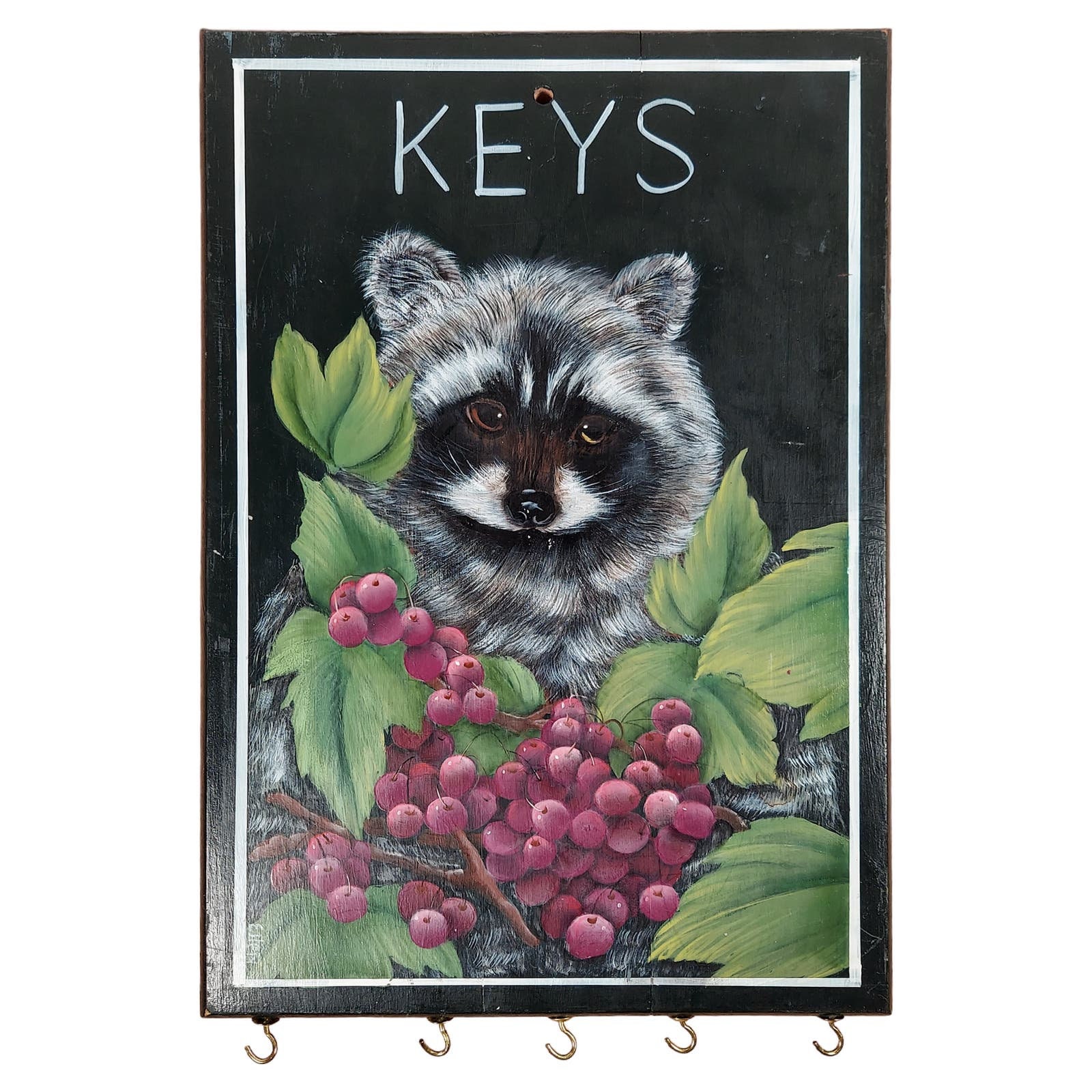 Vintage Wooden Hand Painted Key Holder Wall Decor Animal Raccoon Grapes ...