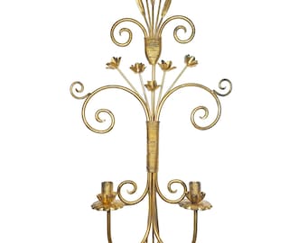 Vintage Florentine Regency Gilt Floral Metal Wall Candleholder Sconce Large