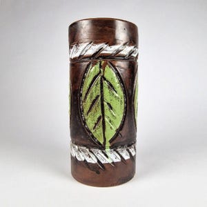 Italiensk Sgraffito Leaf Vas Bitossi Style Cylindrical Lava Vtg Made In Italy MCM