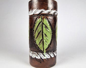 Jarrón de hojas de esgrafiado italiano estilo Bitossi lava cilíndrica Vtg hecho en Italia MCM