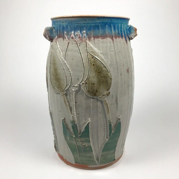 Sauk Mountain Studio Pottery Blue Vase Floral Tulips SMP Steve Murray PNW WA