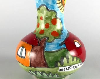 Miniature Italian Pottery Stem Vase Nino Parrucca Hand Painted Village Scene