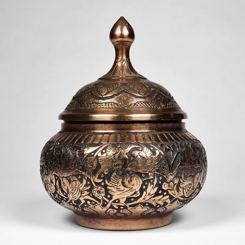 Persian Ghalam Zani Copper Lidded Candy Dish Bowl Featuring Birds Hand Chased image 2