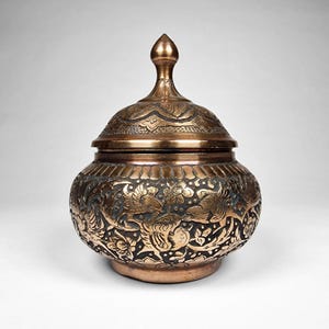 Persian Ghalam Zani Copper Lidded Candy Dish Bowl Featuring Birds Hand Chased image 1