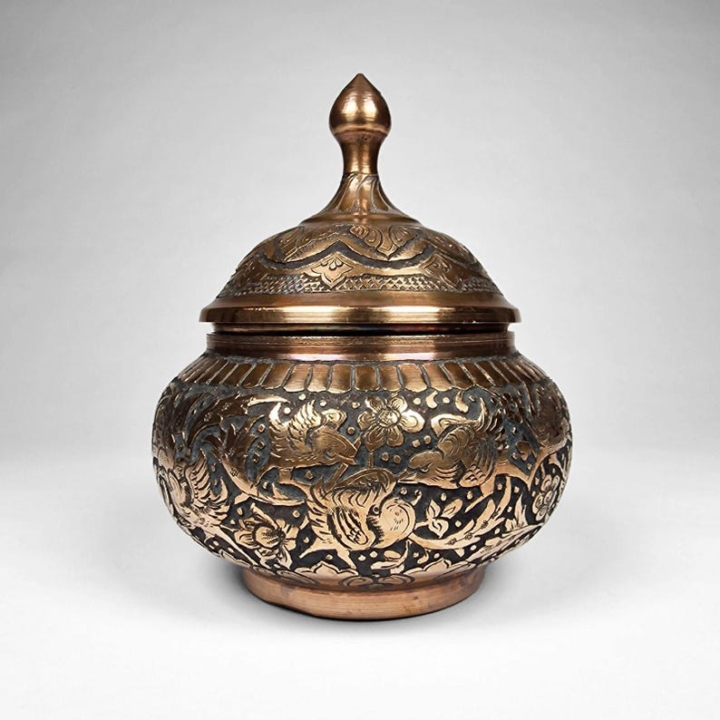 Persian Ghalam Zani Copper Lidded Candy Dish Bowl Featuring Birds Hand Chased image 1