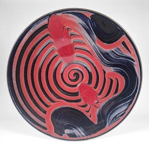 Matthew Patton Abstract Spiral Red Black Blue Bowl PNW Studio Pottery Wall Decor