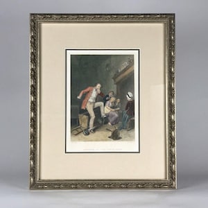 Op de afbeelding: Een ingelijste prent van een vintage illustratie die een man in een rode jas laat zien die een stoel trapt in een kamer met andere mensen. De prent heeft de titel "A Lesson in the Wrong Way".