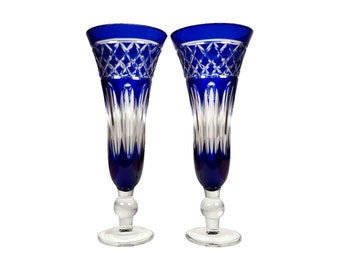 Bohemian Cobalt Blue Cut to Clear Crystal Bud Vases Pair Garniture