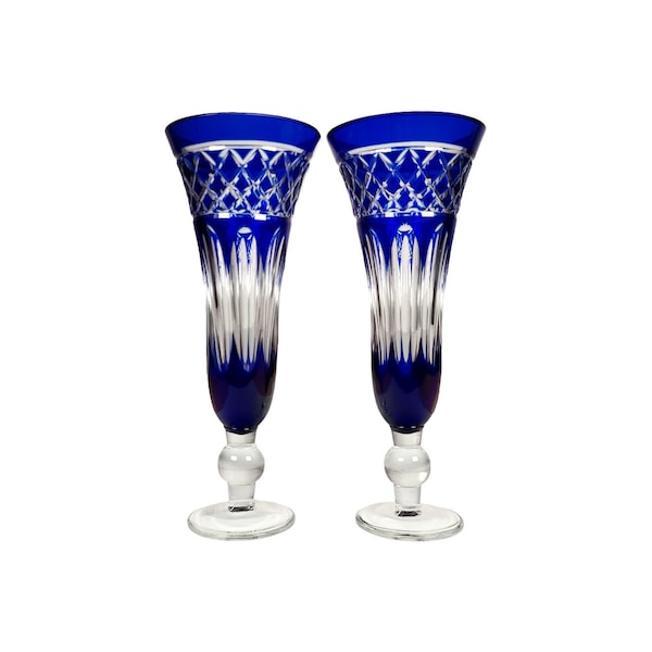 Bohemian Cobalt Blue Cut to Clear Crystal Bud Vases Pair Garniture
