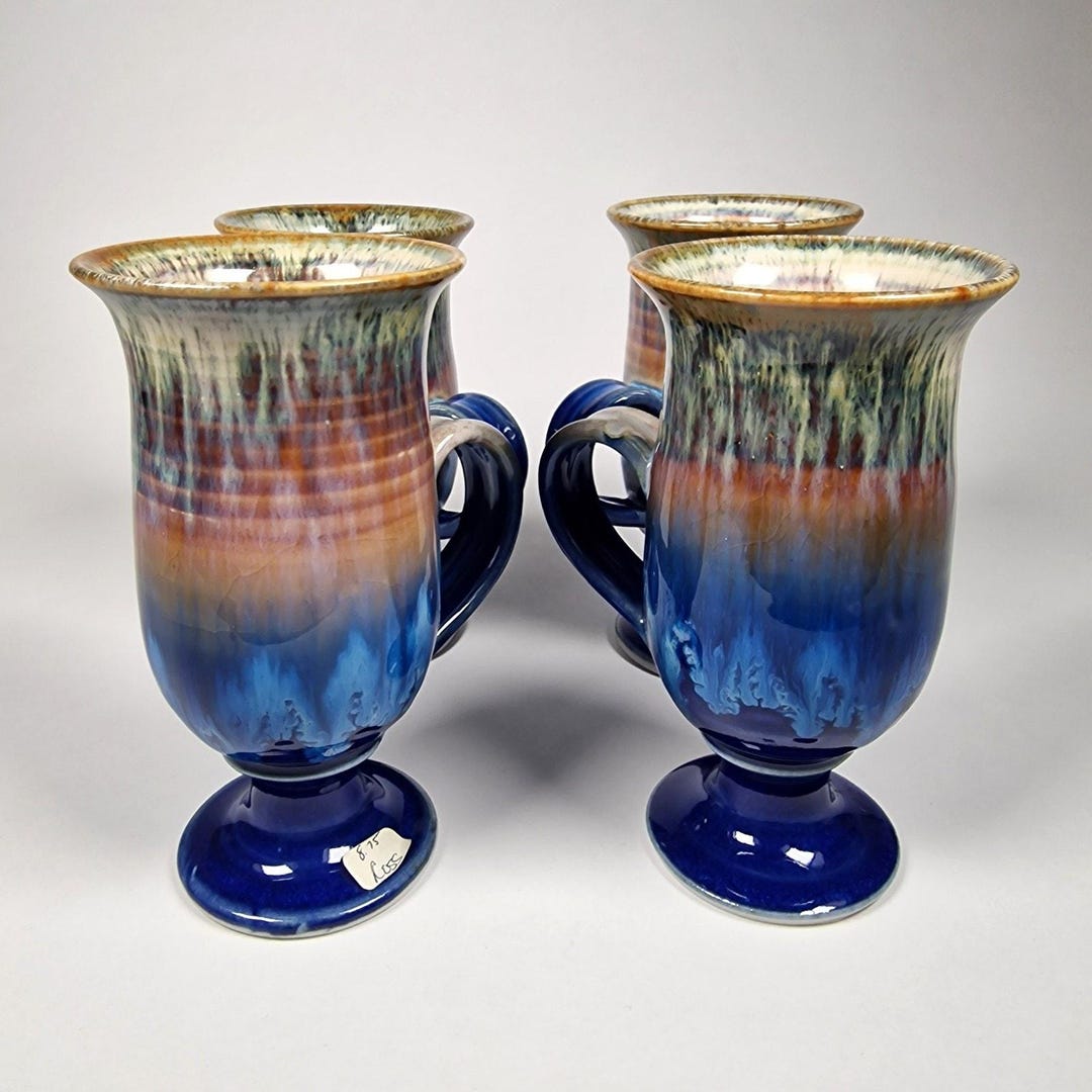 Studio Pottery Goblet Mugs Set of 4 Blue Drip Glaze Four Vintage Artist ...