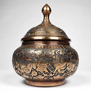 Persian Ghalam Zani Copper Lidded Candy Dish Bowl Featuring Birds Hand Chased image 3