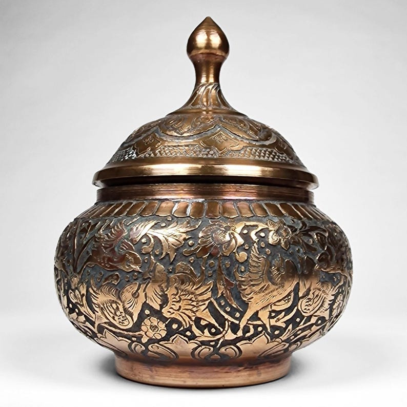 Persian Ghalam Zani Copper Lidded Candy Dish Bowl Featuring Birds Hand Chased image 3