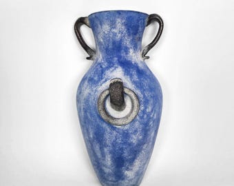 Vaso de parede de vidro artístico azul, design Guild Amphora Romênia Corroso Greco-Romano