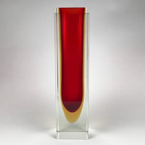 Murano Sommerso Glass Block Vase Red Amber 10 inch Mid Century Perfect MCM