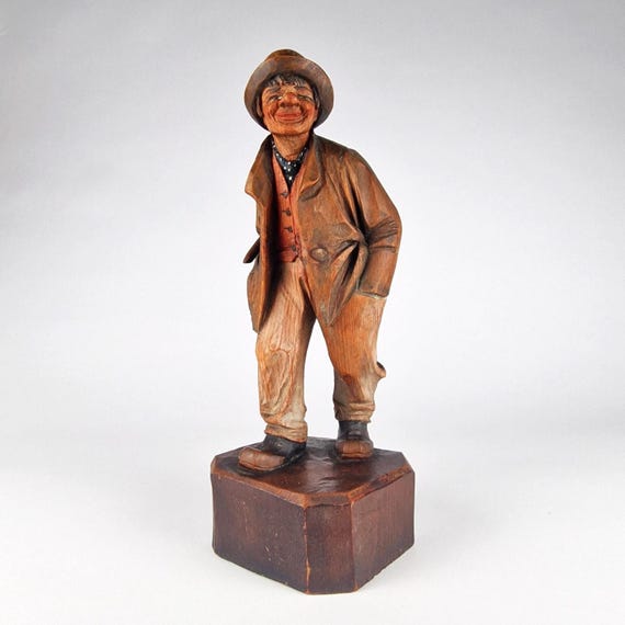 ウッドカービング イタリア製手彫り木製少年男性ミュージシャン像 ペア