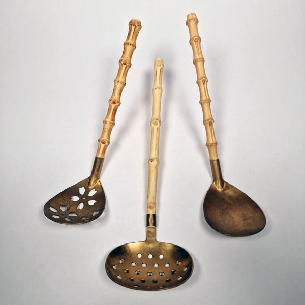 Tres cucharones de sopa Aritsugu japoneses hechos a mano, de bambú, firmados por Kioto, Japón