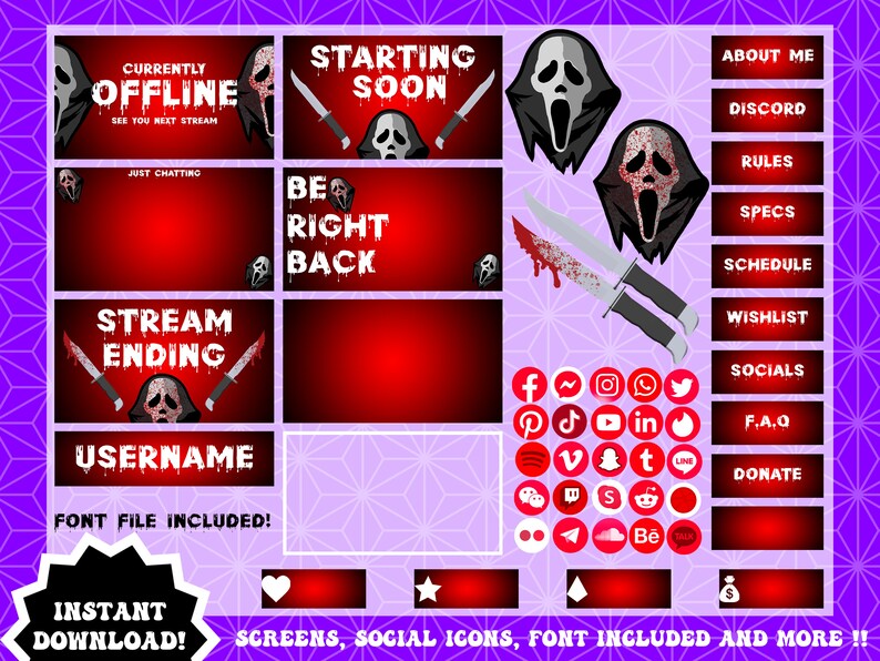 Ghostface Overlay Package, Horror Twitch Overlay Package, Twitch Stream