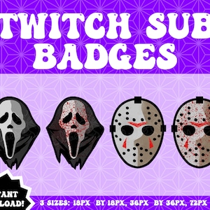Slasher Sub Badges, Twitch Streamer Badges, Twitch Sub Badges, Cheap Sub Badges, Ghostface, Jason Voorhees, Slasher, Dead by Daylight inspo