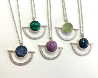 Silver semi circle gemstone cabochon bezel set pendant, bright and textured, green, blue, purple, black, cable chain, handmade clasp