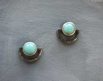 Amazonite Stud Earrings, bezel set in textured oxidized silver half circle shapes. Cute, half open circles with turquoise color cabochon.