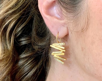 Stacked sculptural earrings, carved textured silver, bright, 18k gold, contemporary, unique earrings