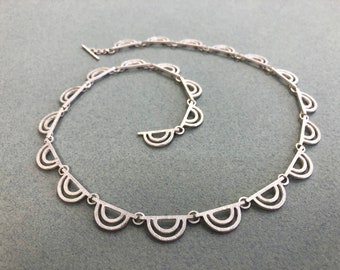 Semi circle necklace, textured links, double half circle, hidden clasp, sterling silver, bright, geometric, contemporary