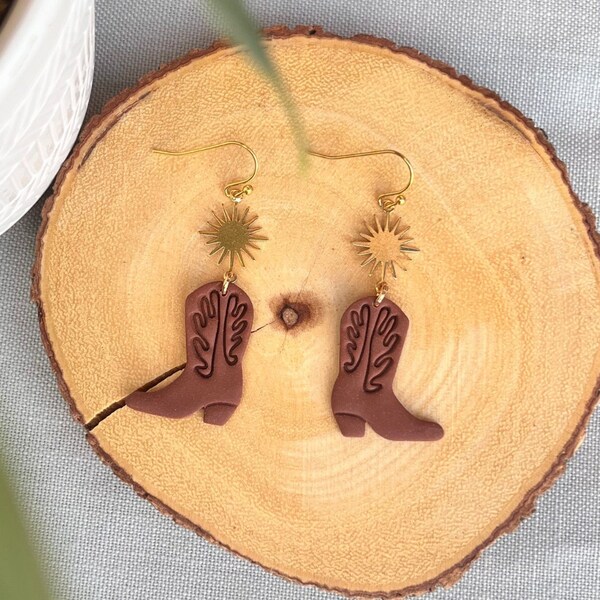 Brown cowboy boot polymer clay earrings/ Western boot earrings/ gold plated