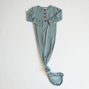 Organic Bamboo Baby Knotted Gown | Dusty Blue &quot;Heron&quot; | Infant Sleeper | Ultra Soft Newborn Take Home Outfit | Baby Shower Gift