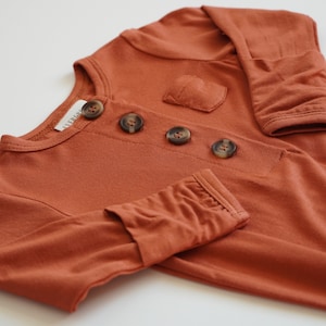 Organic Bamboo Baby Knotted Gown | Rust &quot;Baked Clay&quot; | Infant Sleeper | Ultra Soft Newborn Take Home Outfit | Baby Shower Gift